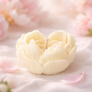 naturalaus soju vaško žvakė formos lyg širdis besiskleidžianti bijūno žiedu