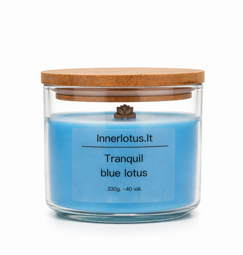 tranquil blue lotus aromaterapine sprangsicios medines dagties soju zvake su ašvaganda, ramunėle, rodiole, mėlynuoju lotosu